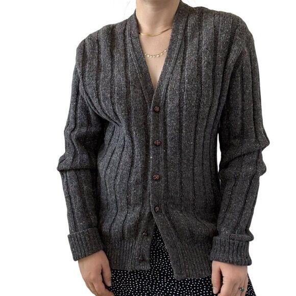 Vintage 1970s Kreeger Unisex Gray Donegal Wool Dark Academia Chunky Cardigan L - Picture 8 of 11
